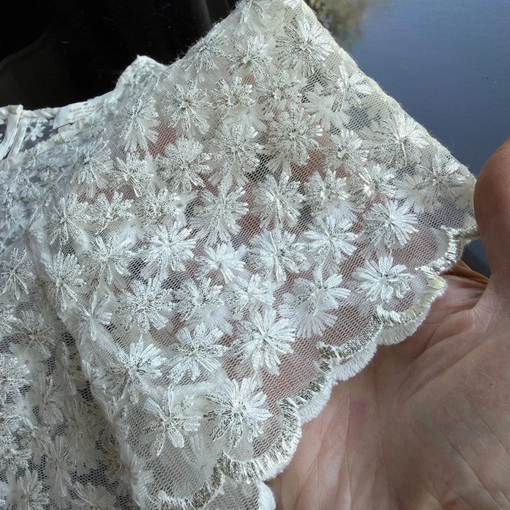 Kate Spade Delicate Shimmery Silver and White Embroidered Floral Lace Top
